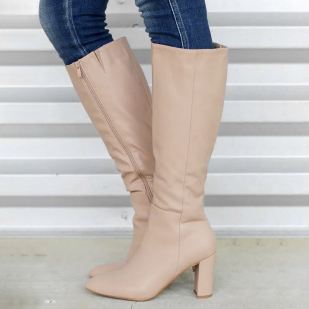 New Nude Point Toe Knee High Chunky Heel Boots - Picture 2 of 5